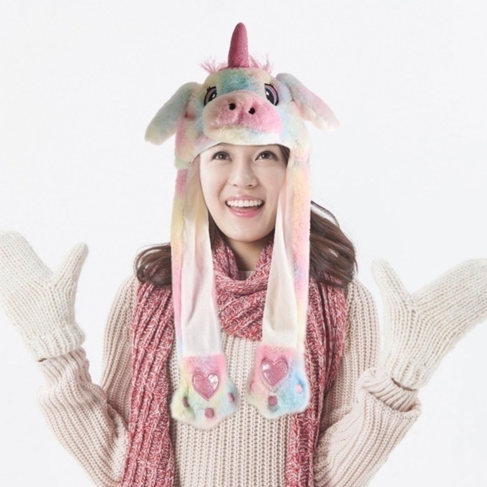 Plush Unicorn Hat Ear Moving Jumping Funny Cartoon Hat Party Headdress one size